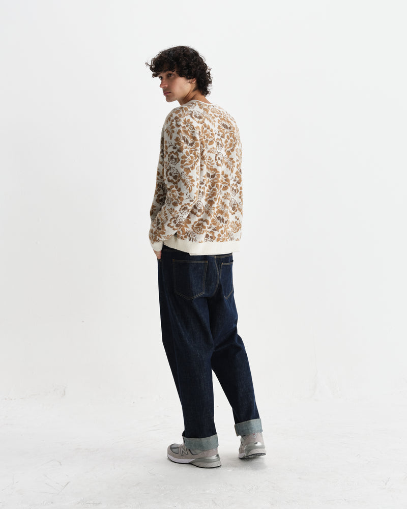wax london men's Alban - Natural And Brown Floral Textured Jacquard Cardigan