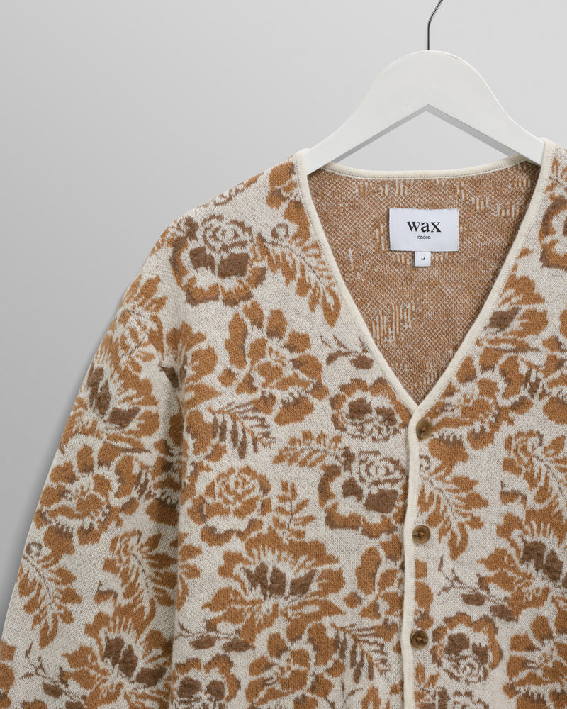 wax london men's Alban - Natural And Brown Floral Textured Jacquard Cardigan