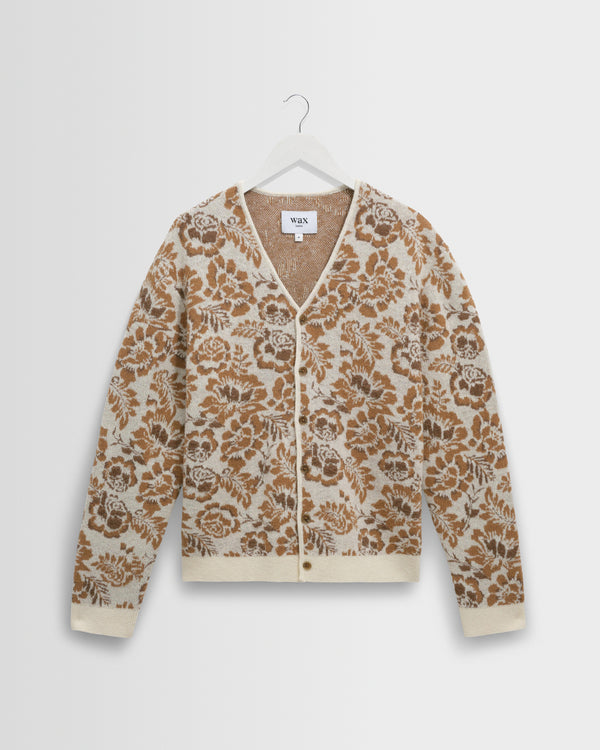 wax london men's Alban - Natural And Brown Floral Textured Jacquard Cardigan