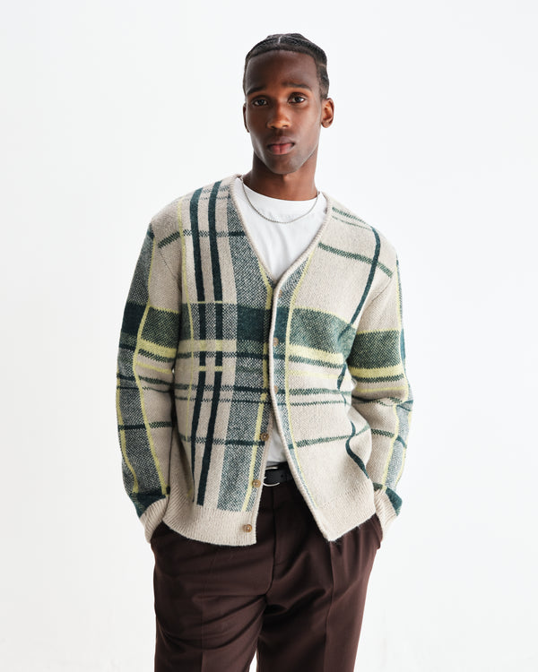 wax london men's Alban - Natural And Green Plaid Check Cardigan