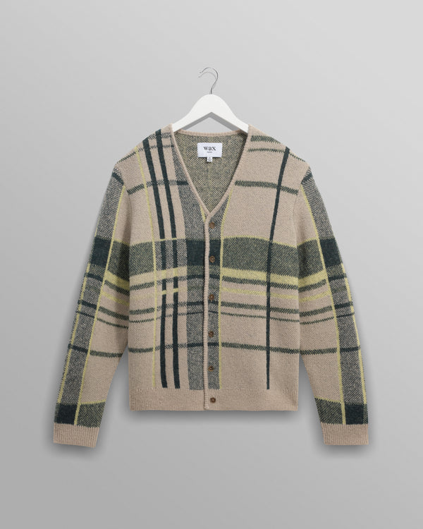 wax london men's Alban - Natural And Green Plaid Check Cardigan