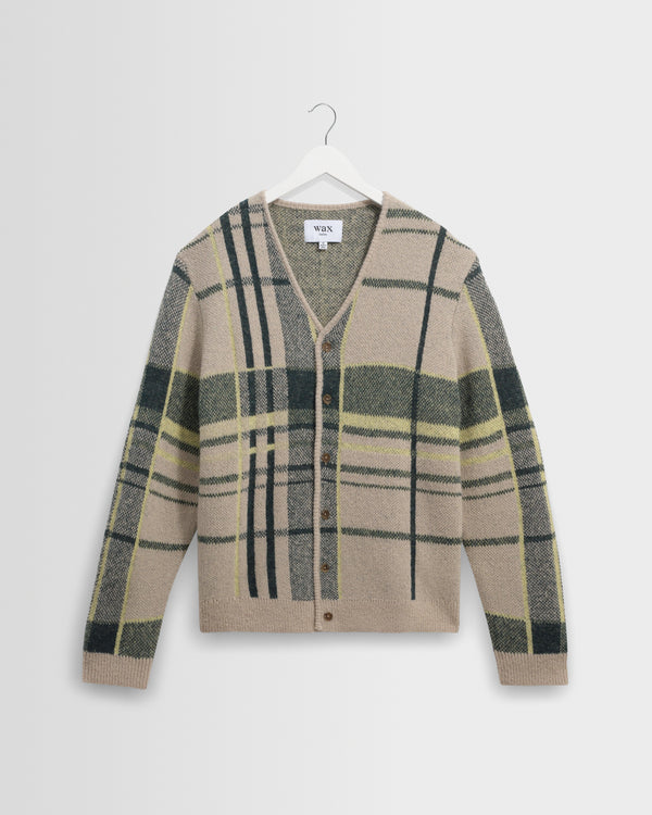 wax london men's Alban - Natural And Green Plaid Check Cardigan