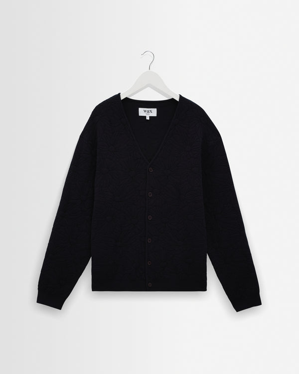 wax london men's Alban - Navy And Black Floral Jacquard Cardigan