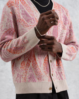 wax london Alban - Pink Paisley Jacquard Wool Blend Cardigan