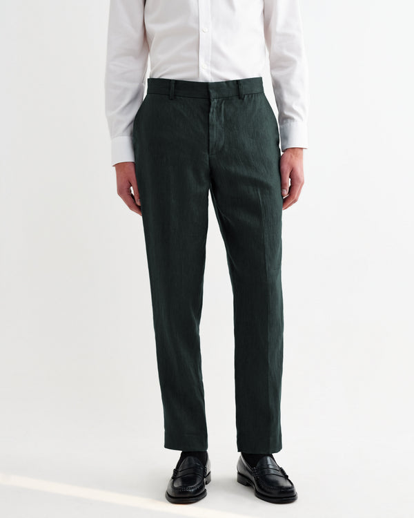 wax london men's Alp - Dark Green Linen Slim Fit Trousers