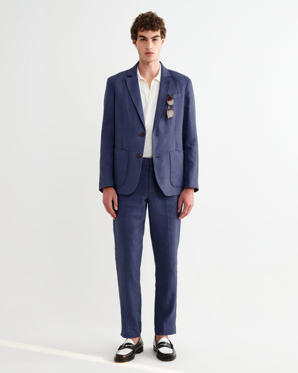 wax london men's Alp - Mid Blue Linen Slim Fit Trousers