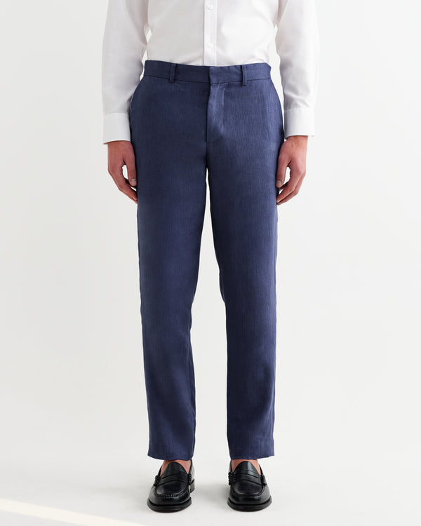 wax london men's Alp - Mid Blue Linen Slim Fit Trousers