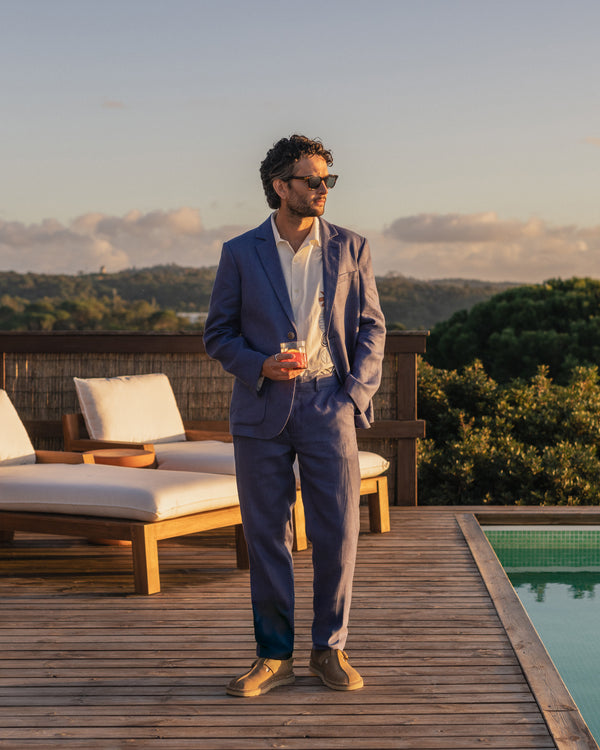 wax london men's Alp - Mid-Blue Linen Trousers