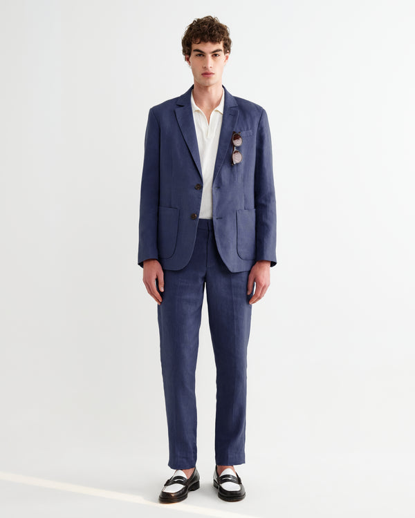 wax london men's Alp - Mid Blue Linen Slim Fit Trousers