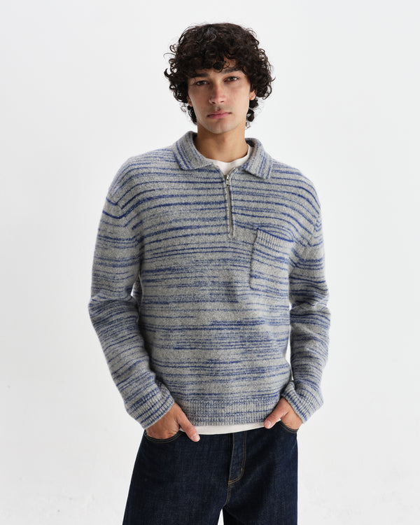 wax london men's Alpha - Grey And Blue Space Dye Zip Polo