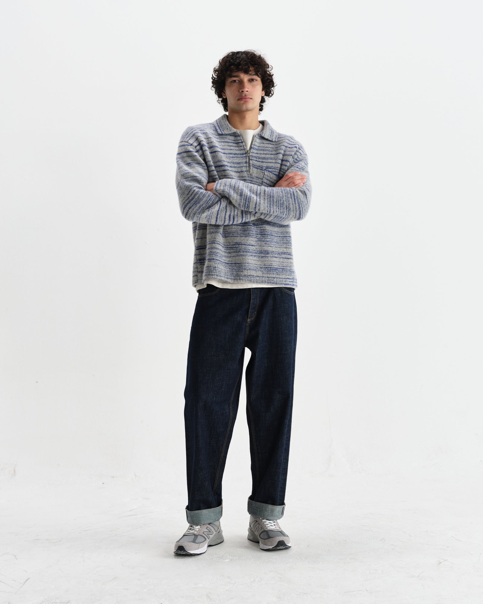 Men's Grey And Blue Space Dye Zip Polo | Wax London