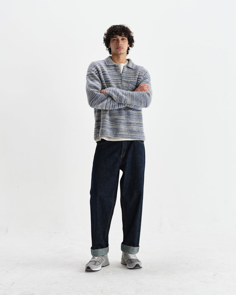 wax london men's Alpha - Grey And Blue Space Dye Zip Polo