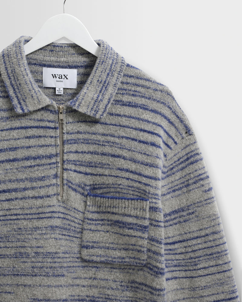 Men's Grey And Blue Space Dye Zip Polo | Wax London