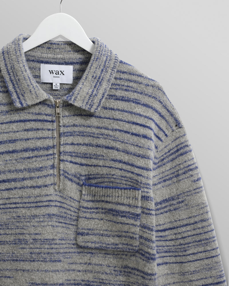 wax london men's Alpha - Grey And Blue Space Dye Zip Polo