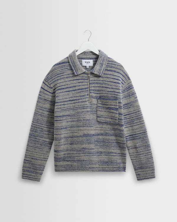 wax london men's Alpha - Grey And Blue Space Dye Zip Polo