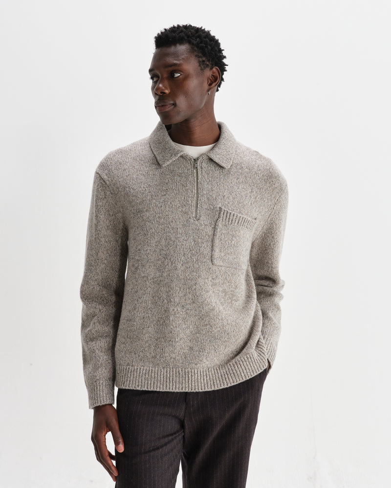 wax london men's Alpha - Grey Plain Stitch Fleck-Wool Zip Polo