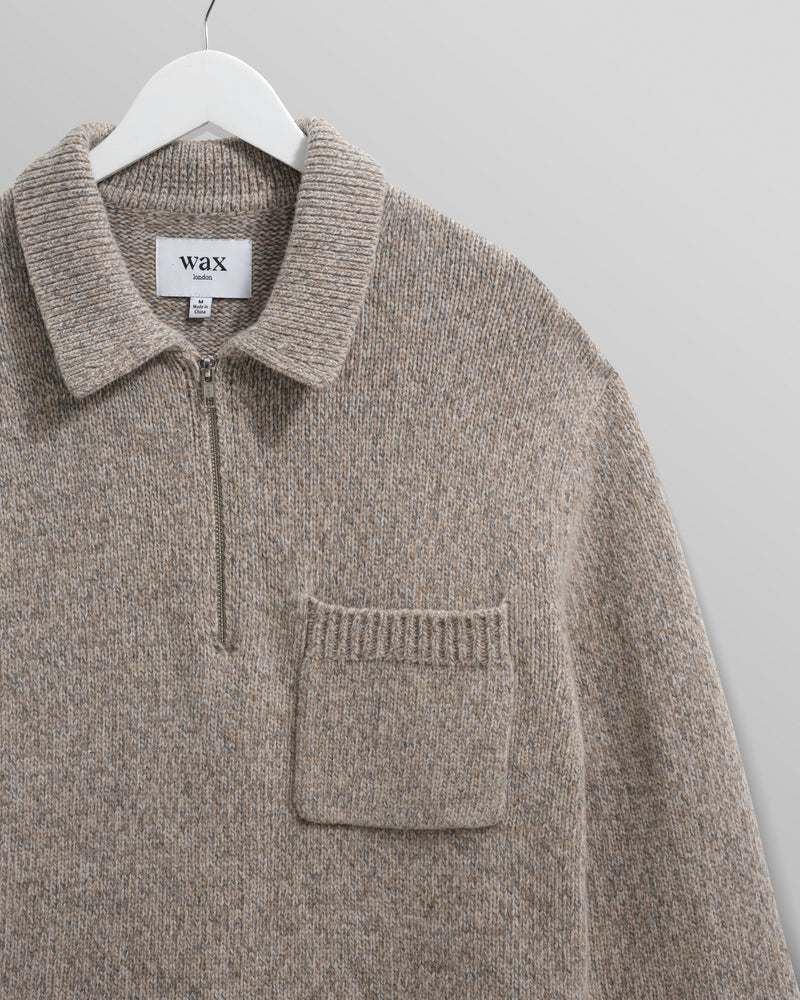 wax london men's Alpha - Grey Plain Stitch Fleck-Wool Zip Polo