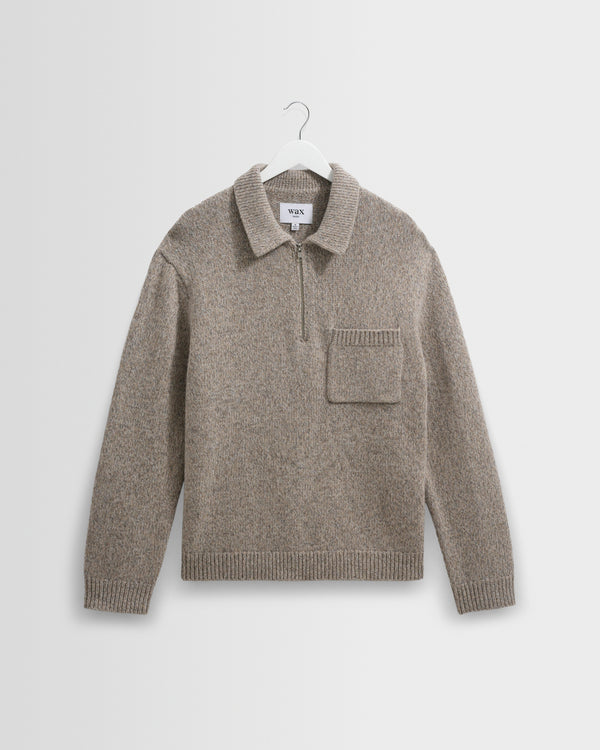 wax london men's Alpha - Grey Plain Stitch Fleck-Wool Zip Polo