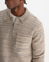 wax london men's Alpha - Natural And Grey Space Dye Zip Polo