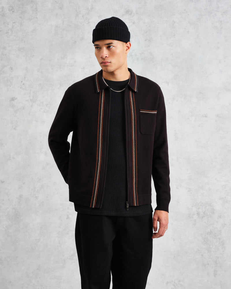 wax london Amble - Black Milano-Knit Long Sleeve Polo