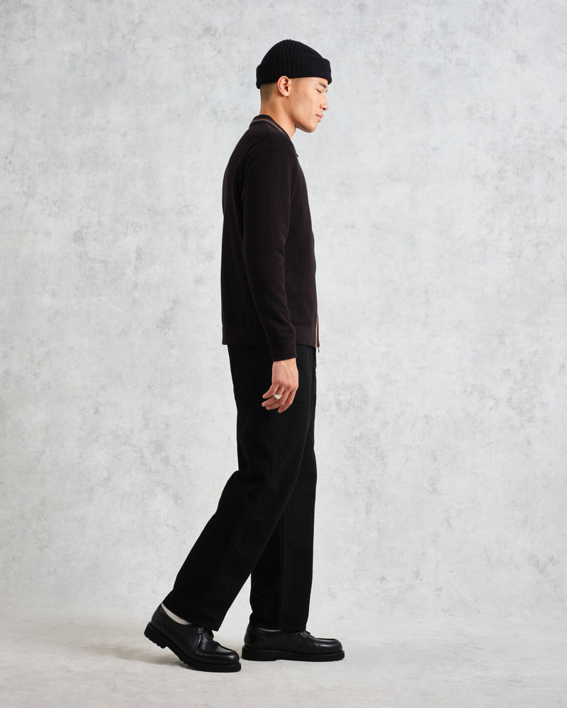 wax london Amble - Black Milano-Knit Long Sleeve Polo