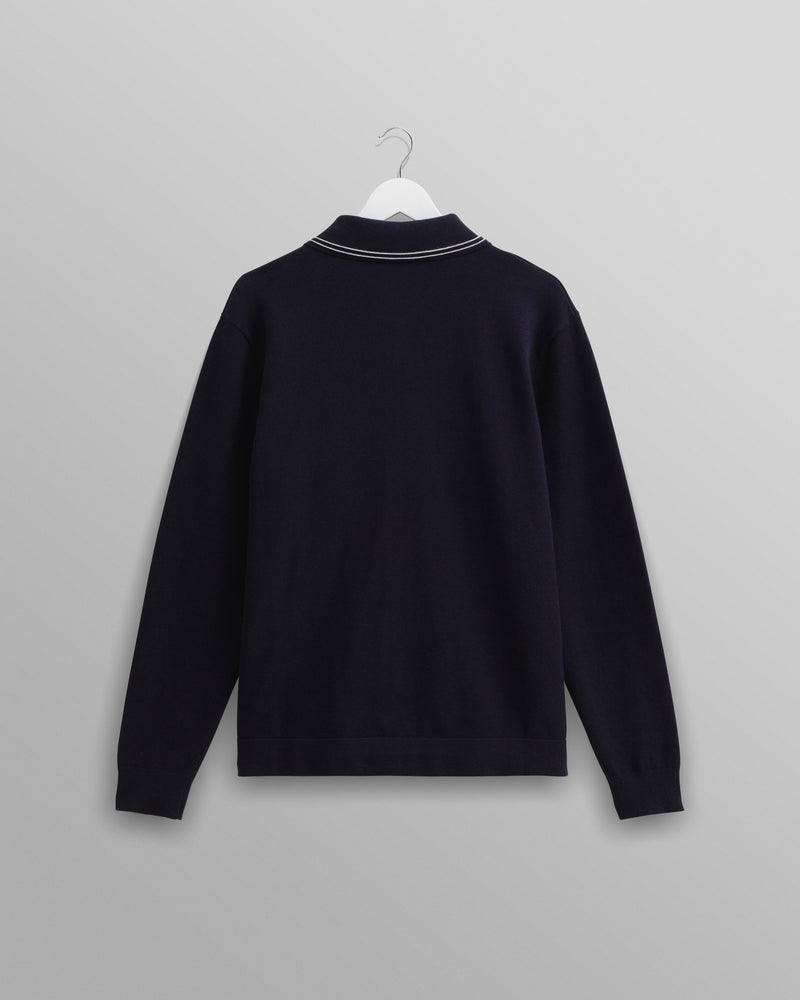 wax london Amble - Navy Milano-Knit Long Sleeve Polo