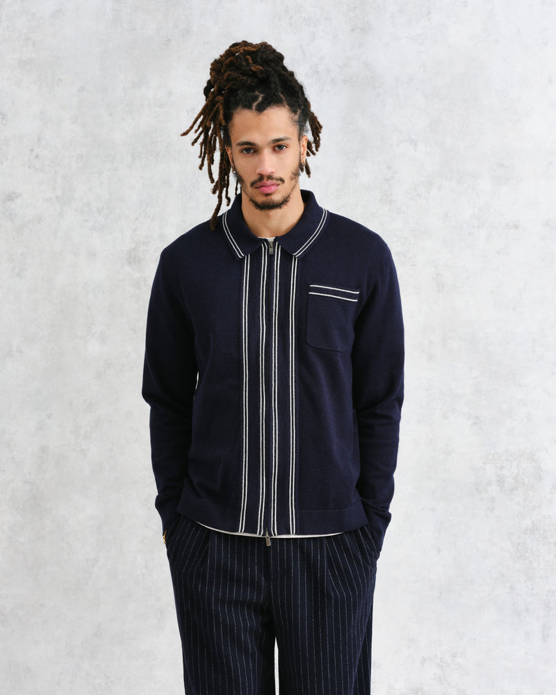 wax london Amble - Navy Milano-Knit Long Sleeve Polo