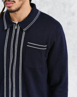 wax london Amble - Navy Milano-Knit Long Sleeve Polo