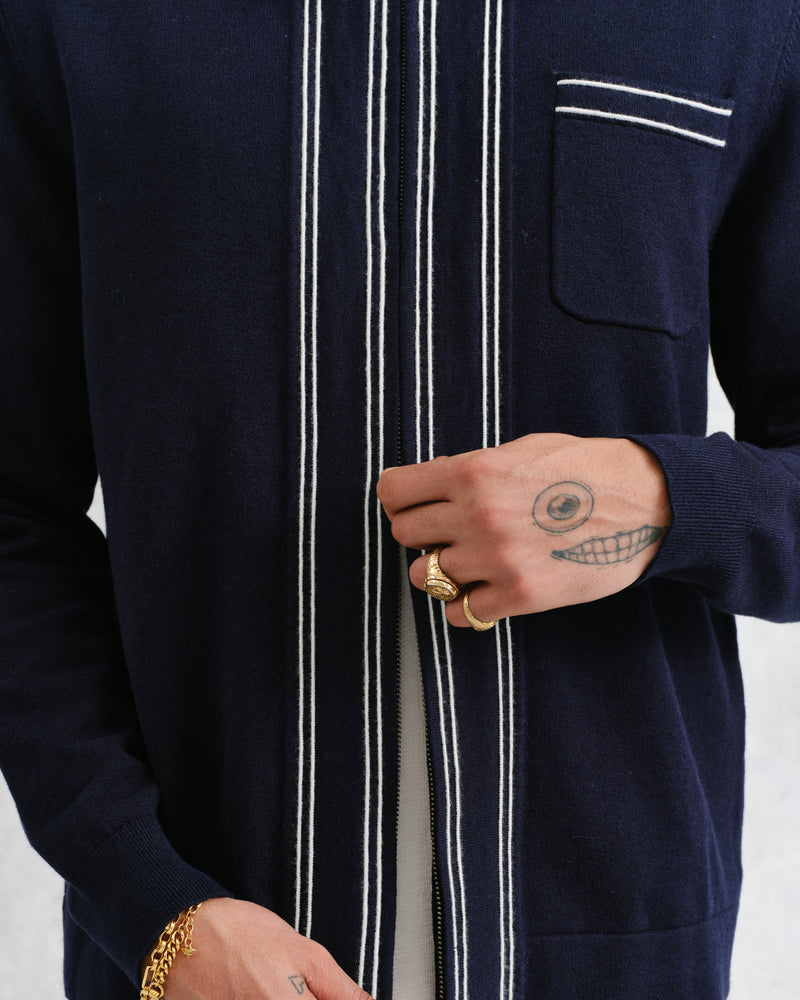 wax london Amble - Navy Milano-Knit Long Sleeve Polo