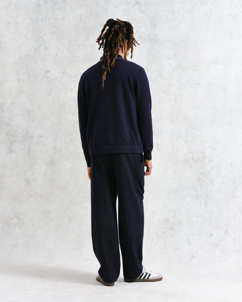 wax london Amble - Navy Milano-Knit Long Sleeve Polo