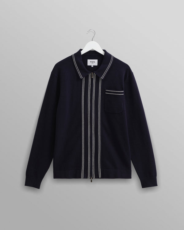 wax london men's Amble - Navy Milano-Knit Long Sleeve Polo