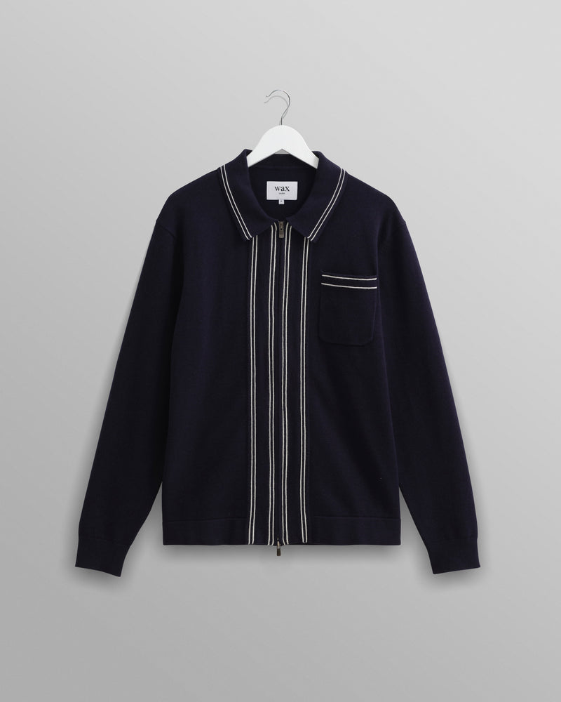 wax london Amble - Navy Milano-Knit Long Sleeve Polo