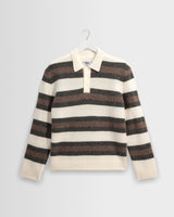 wax london men's Ashford - Ecru And Brown Long Sleeve Stripe Polo Jumper