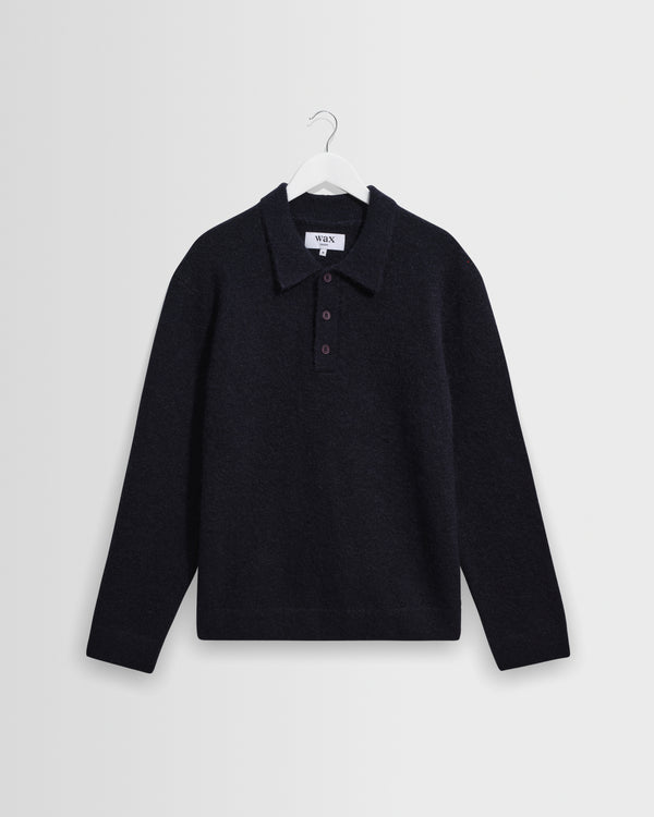 wax london men's ASHFORD L/S POLO FLUFFY WOOL BLEND NAVY