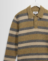 wax london men's Ashford - Olive And Ecru Long Sleeve Stripe Polo Jumper