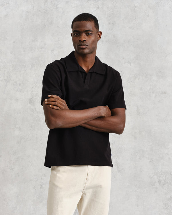 wax london Atwood - Black Textured Organic Cotton Polo Shirt