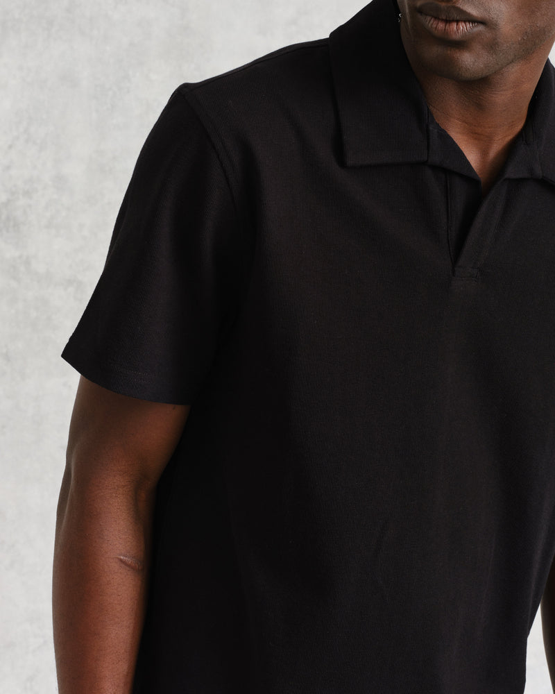 wax london Atwood - Black Textured Organic Cotton Polo Shirt