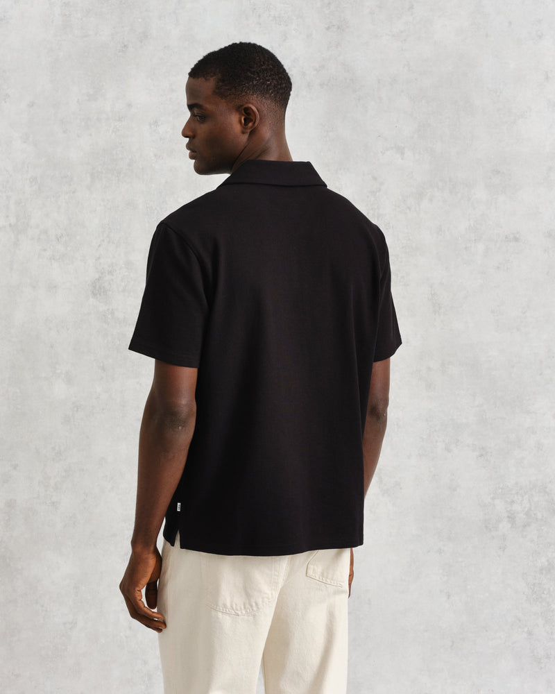 wax london Atwood - Black Textured Organic Cotton Polo Shirt