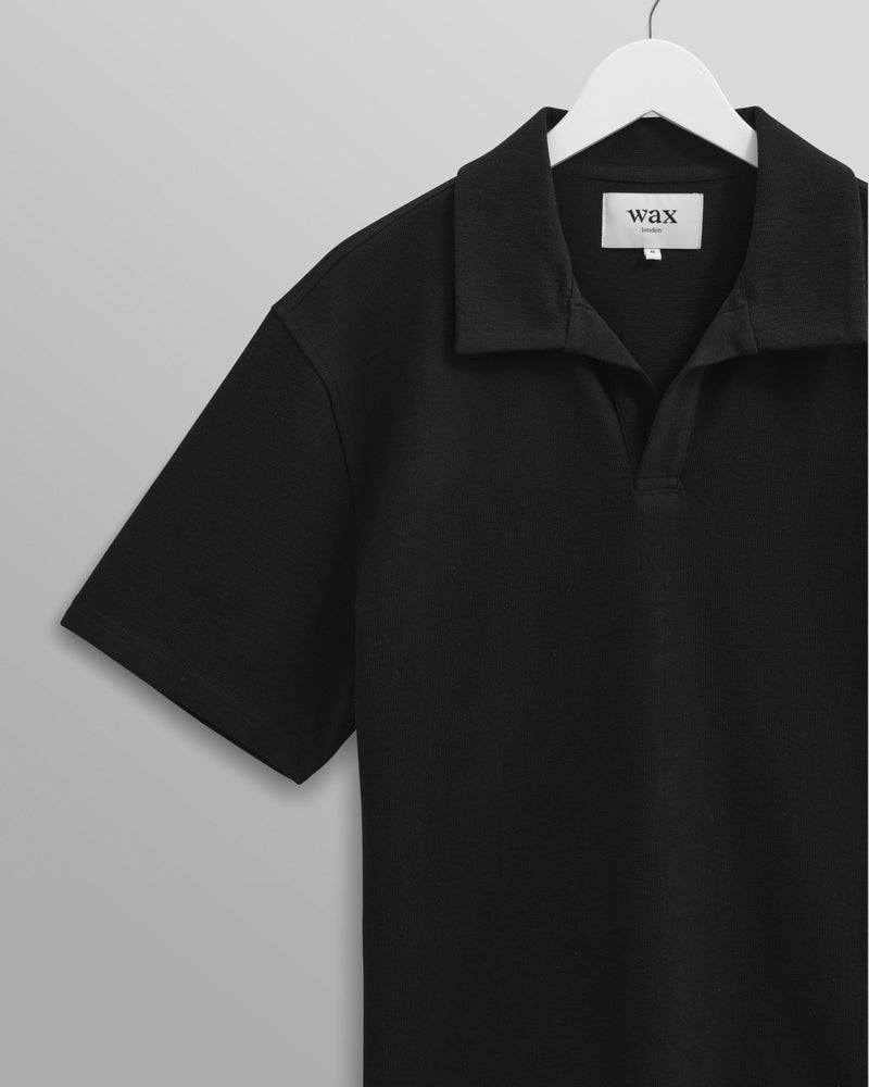 wax london Atwood - Black Textured Organic Cotton Polo Shirt