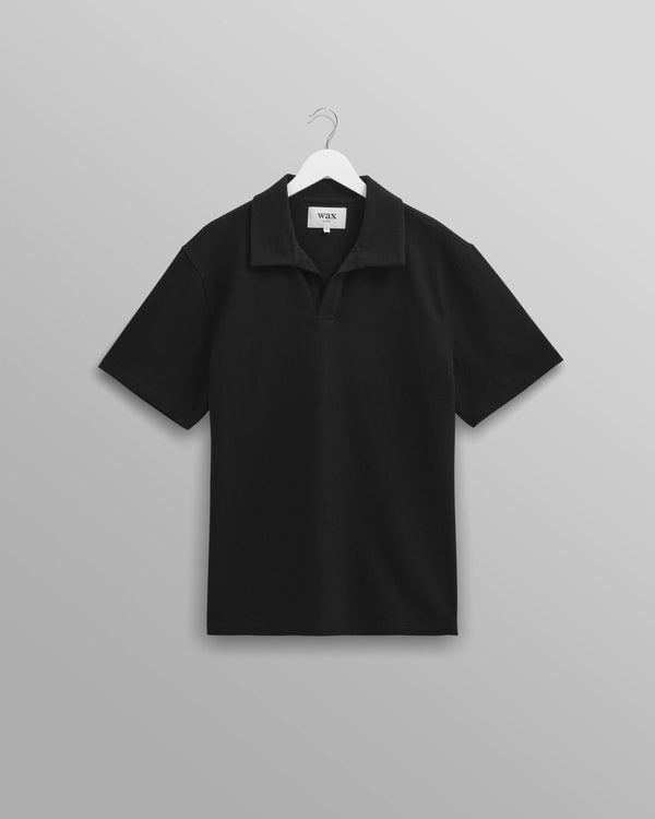 wax london Atwood - Black Textured Organic Cotton Polo Shirt