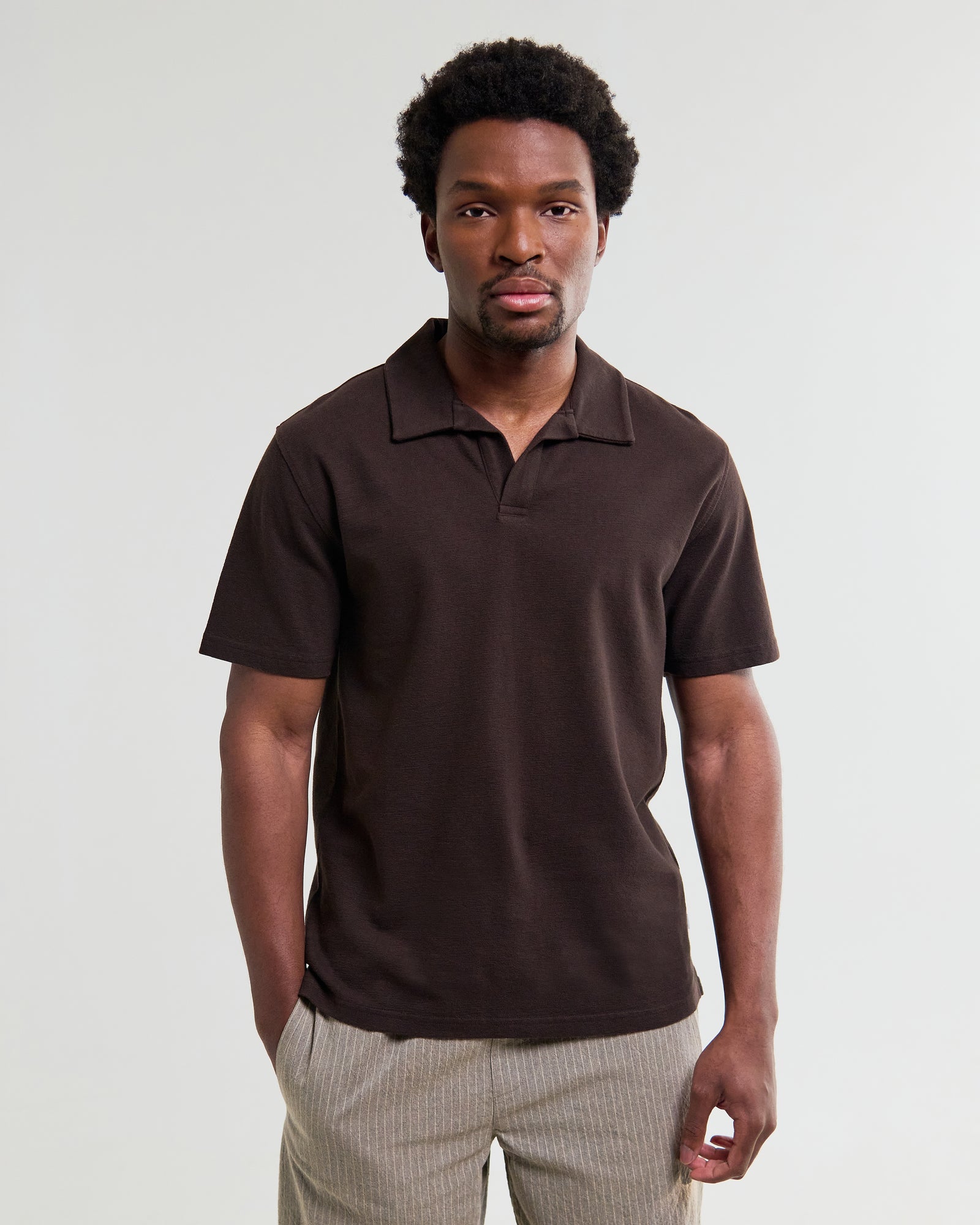 Men's Dark Brown Textured Organic Cotton Polo Shirt | Wax London