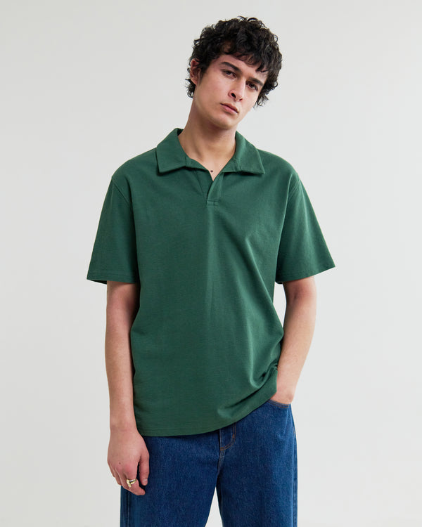 wax london men's Atwood - Dark Green Textured Organic Cotton Polo Shirt