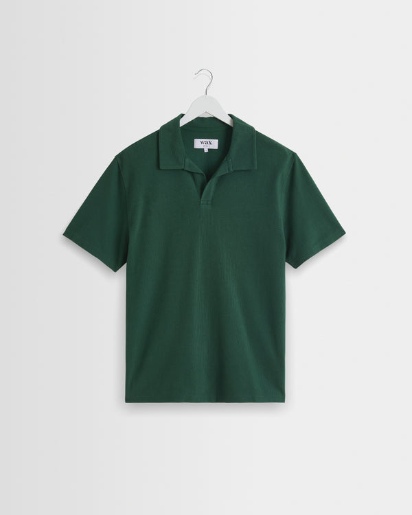 wax london men's Atwood - Dark Green Textured Organic Cotton Polo Shirt