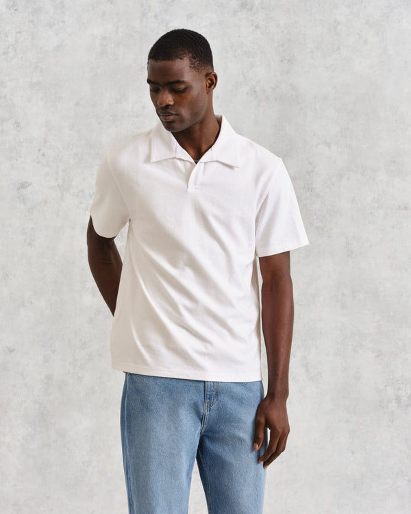 wax london Atwood - Ecru Textured Organic Cotton Polo Shirt