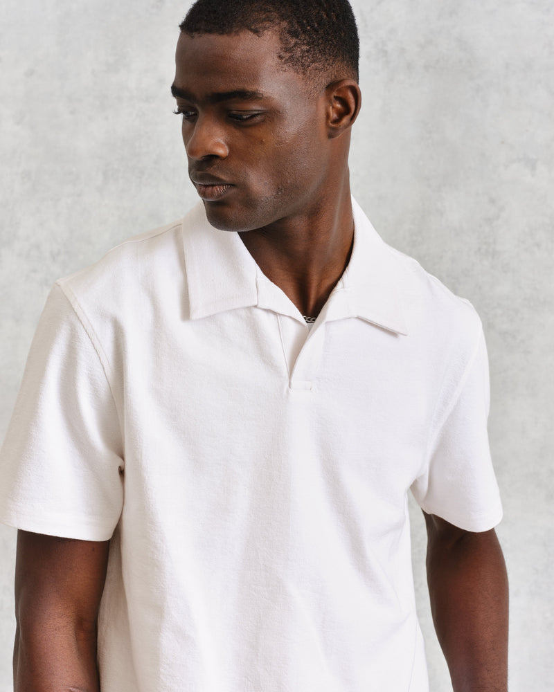 wax london Atwood - Ecru Textured Organic Cotton Polo Shirt