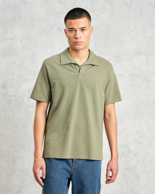 wax london men's Atwood - Green Textured Organic Cotton Polo Shirt