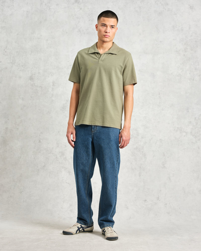 wax london Atwood - Green Textured Organic Cotton Polo Shirt