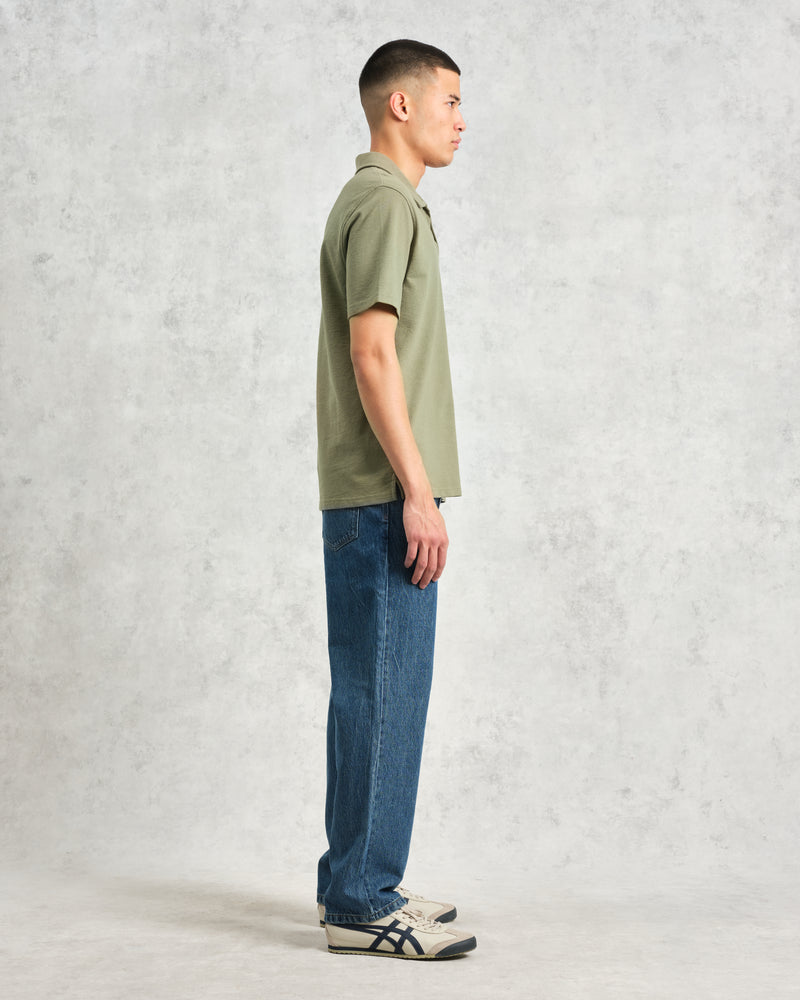 wax london Atwood - Green Textured Organic Cotton Polo Shirt