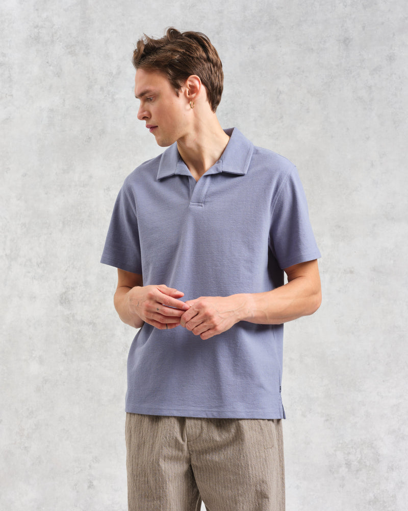 wax london Atwood - Mid Blue Textured Organic Cotton Polo Shirt