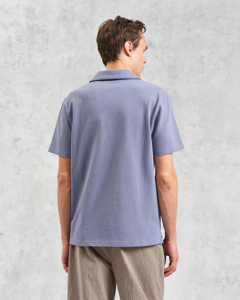 wax london Atwood - Mid Blue Textured Organic Cotton Polo Shirt